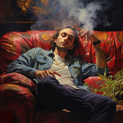 indica cannabis man smoking on couch
