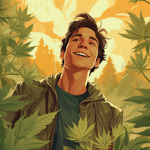 young man next to sativa weed bush illustration