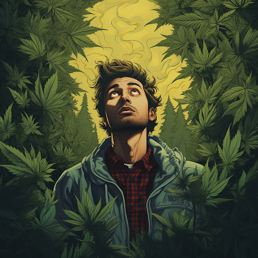 confused man next to a bush of weed illustration