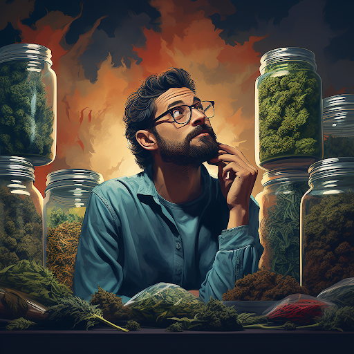 man wondering next to jars of weed