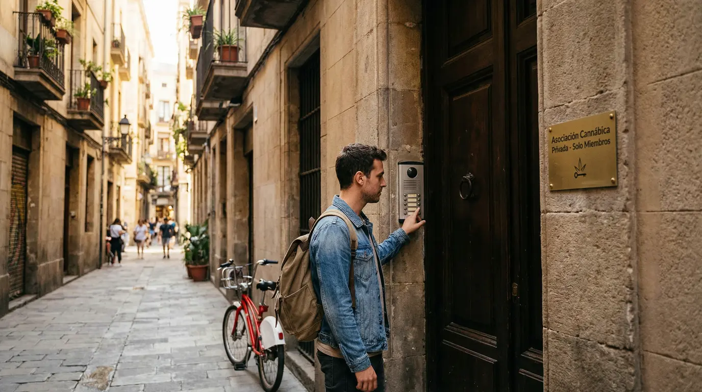 Man entering cannabis social club in Barcelona 2026, members-only access to private weed club in Spain