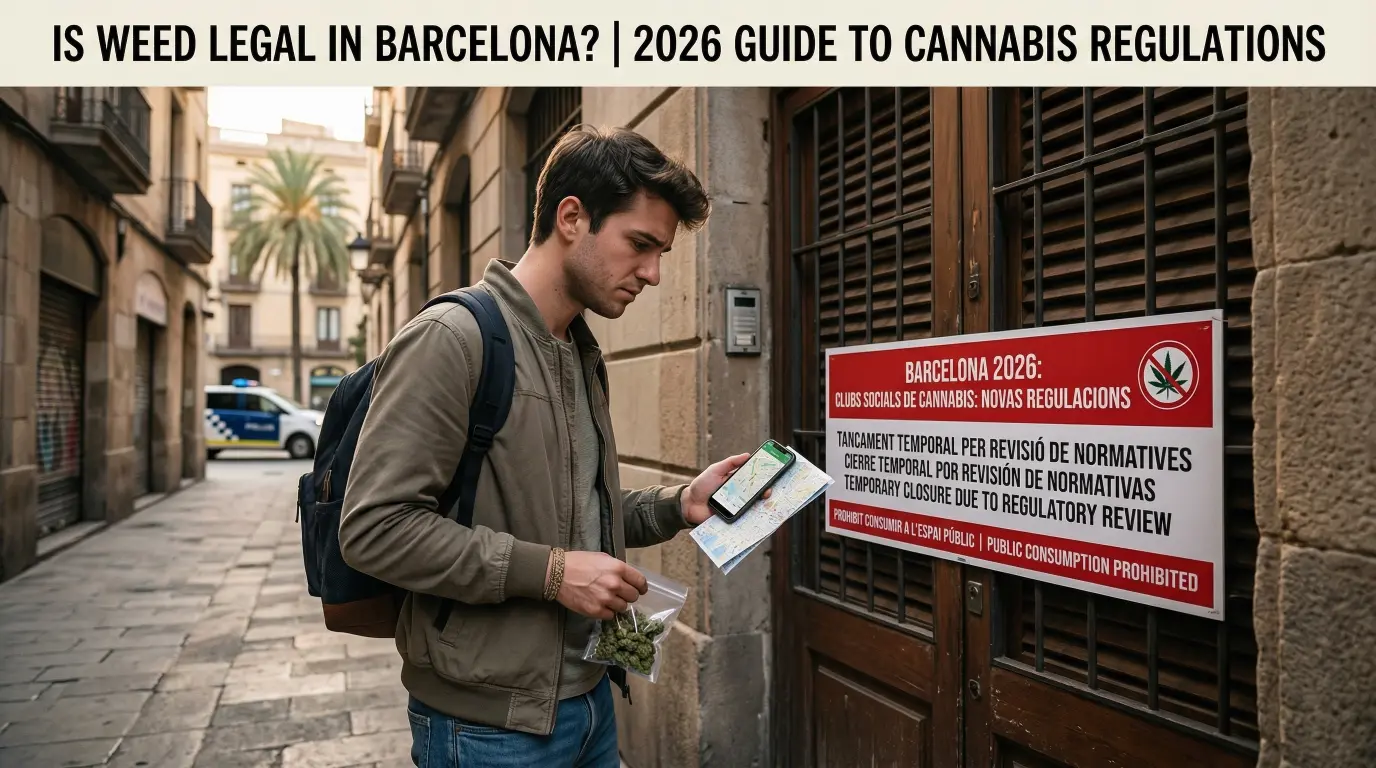 Tourist reading cannabis laws sign in Barcelona 2026, public consumption prohibited in Spain