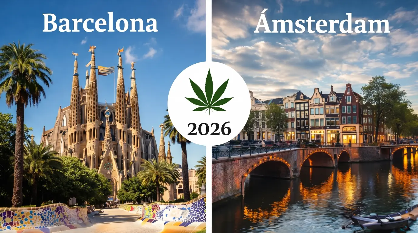 Barcelona vs Amsterdam comparison cannabis tourism Europe 2026 Sagrada Familia and canals