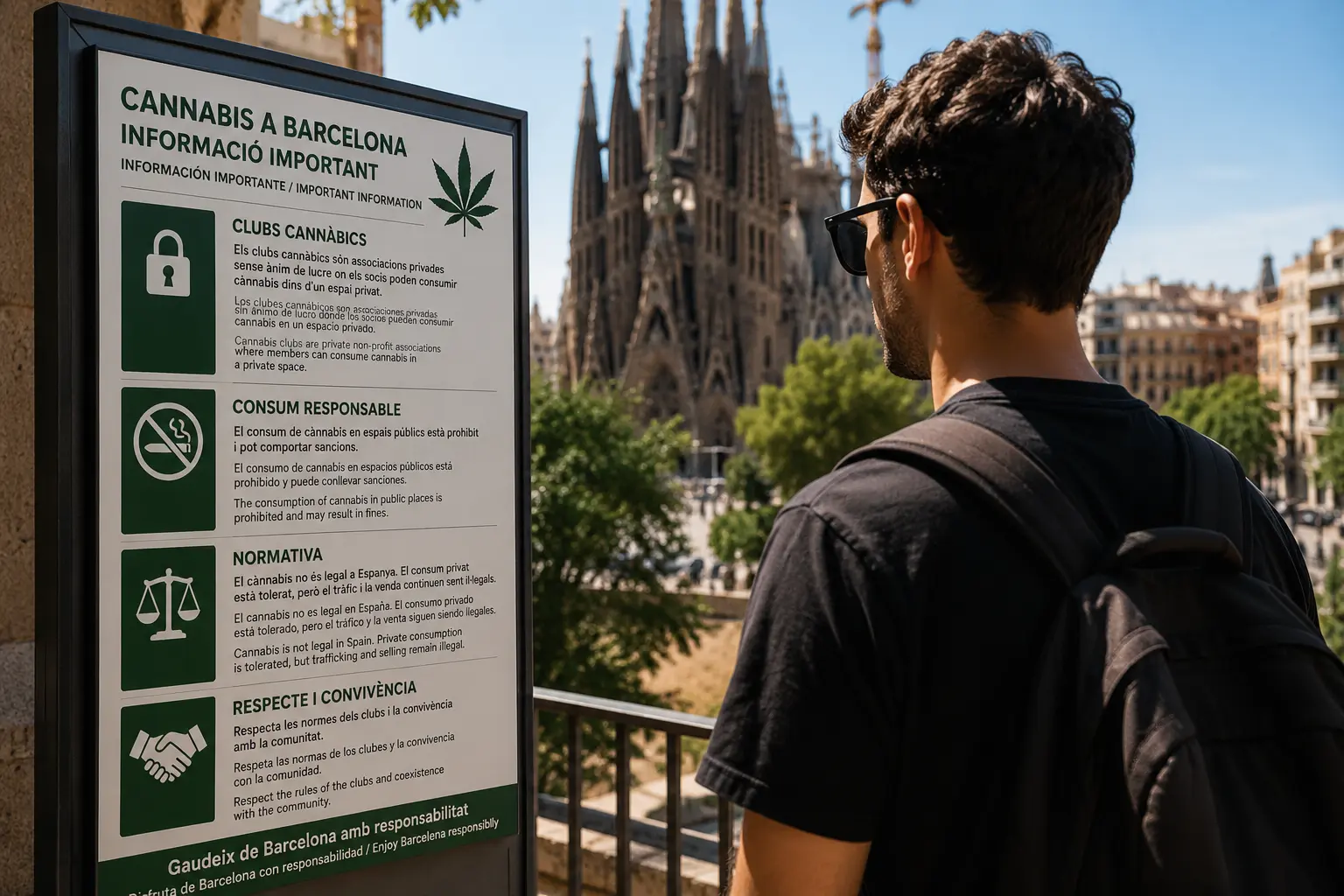 Tourist reading cannabis regulations information board in Barcelona with Sagrada Familia in the background