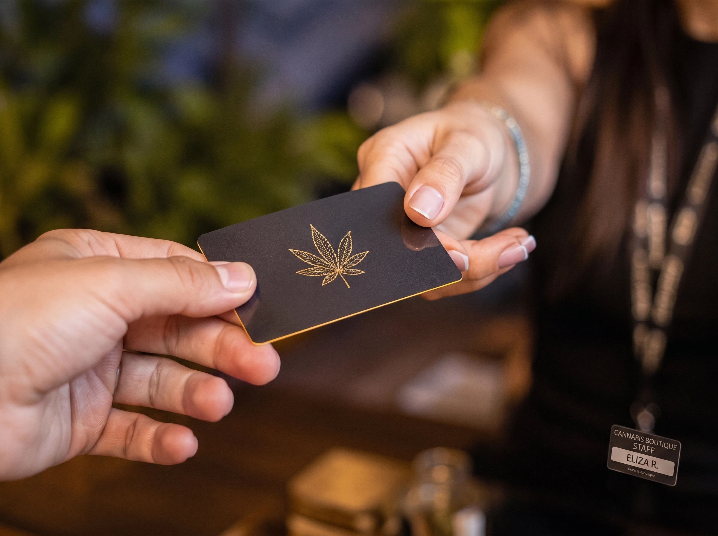 Visitor receiving a cannabis club membership card in Barcelona