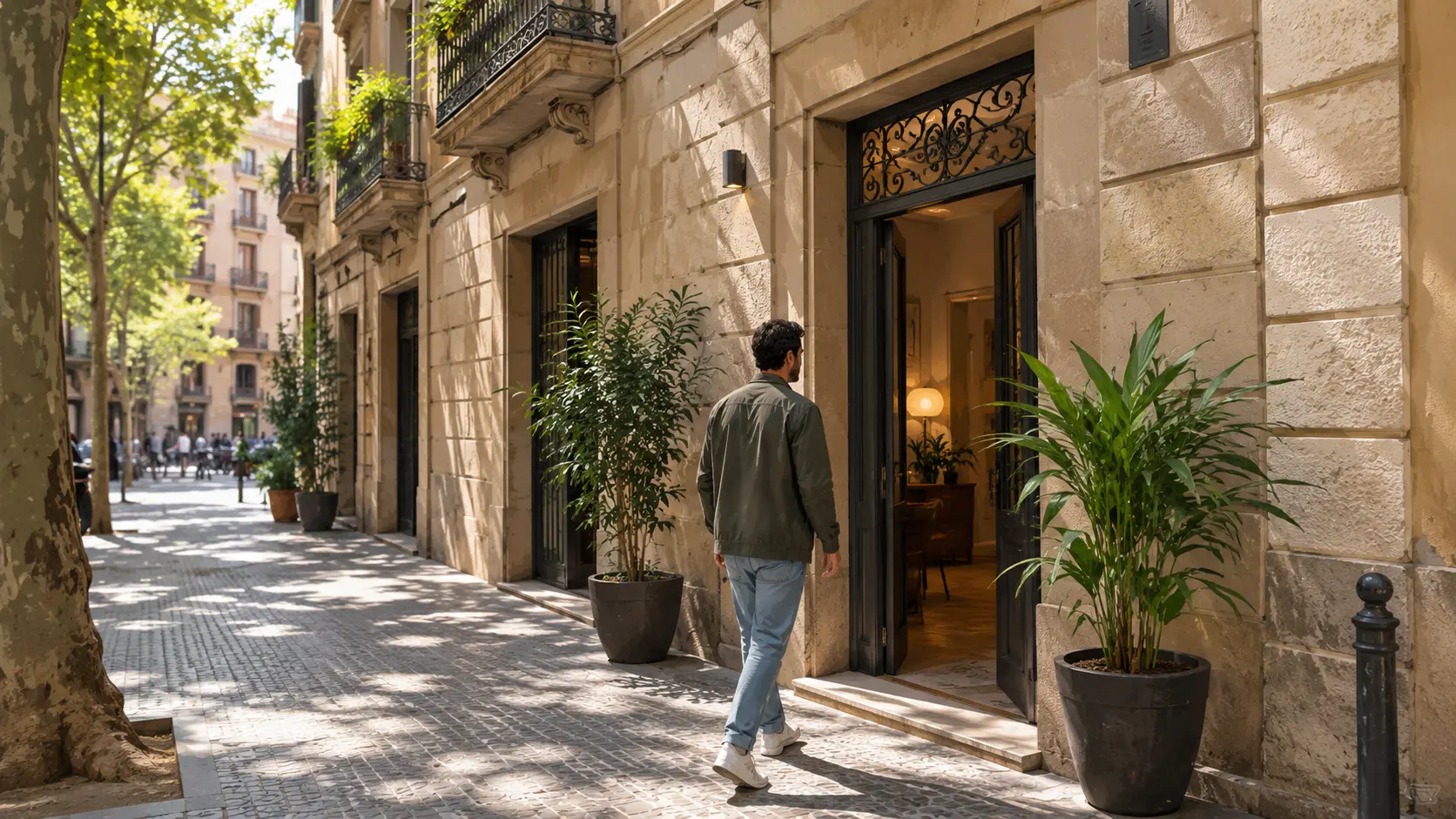 Visitor with a city map walking along the Barcelona waterfront