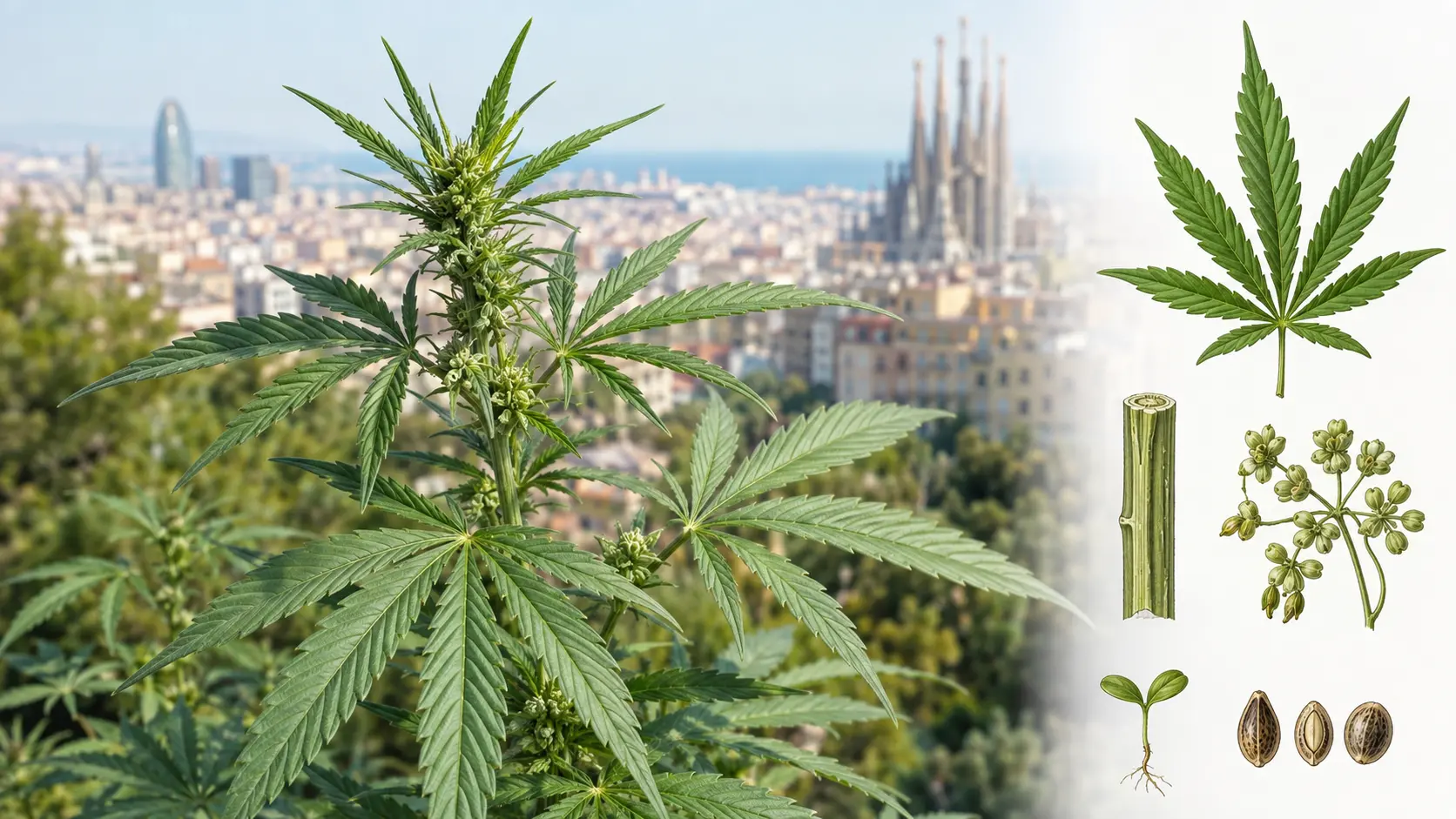 Botanical illustration of a cannabis plant and plant structures with Barcelona in the background