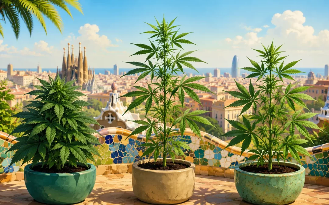 Illustration comparing Indica, Sativa and Hybrid cannabis plants with Barcelona in the background